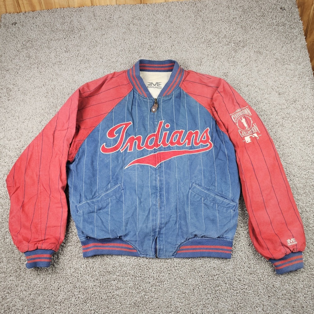 Vtg 90s Cleveland Indians MLB Baseball Pinstripe Jacket Large Mirage Cooperstown
